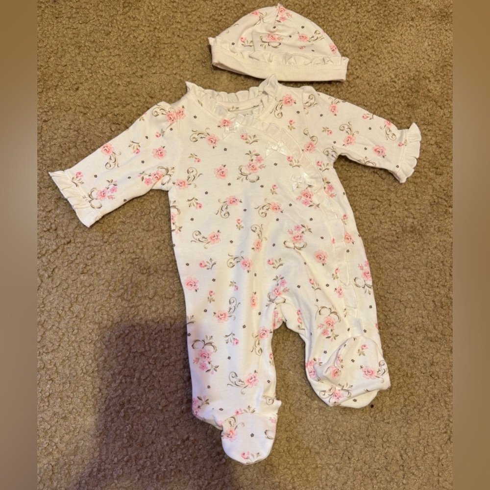 Little Me Preemie Floral Ruffle Baby One Piece With Hat